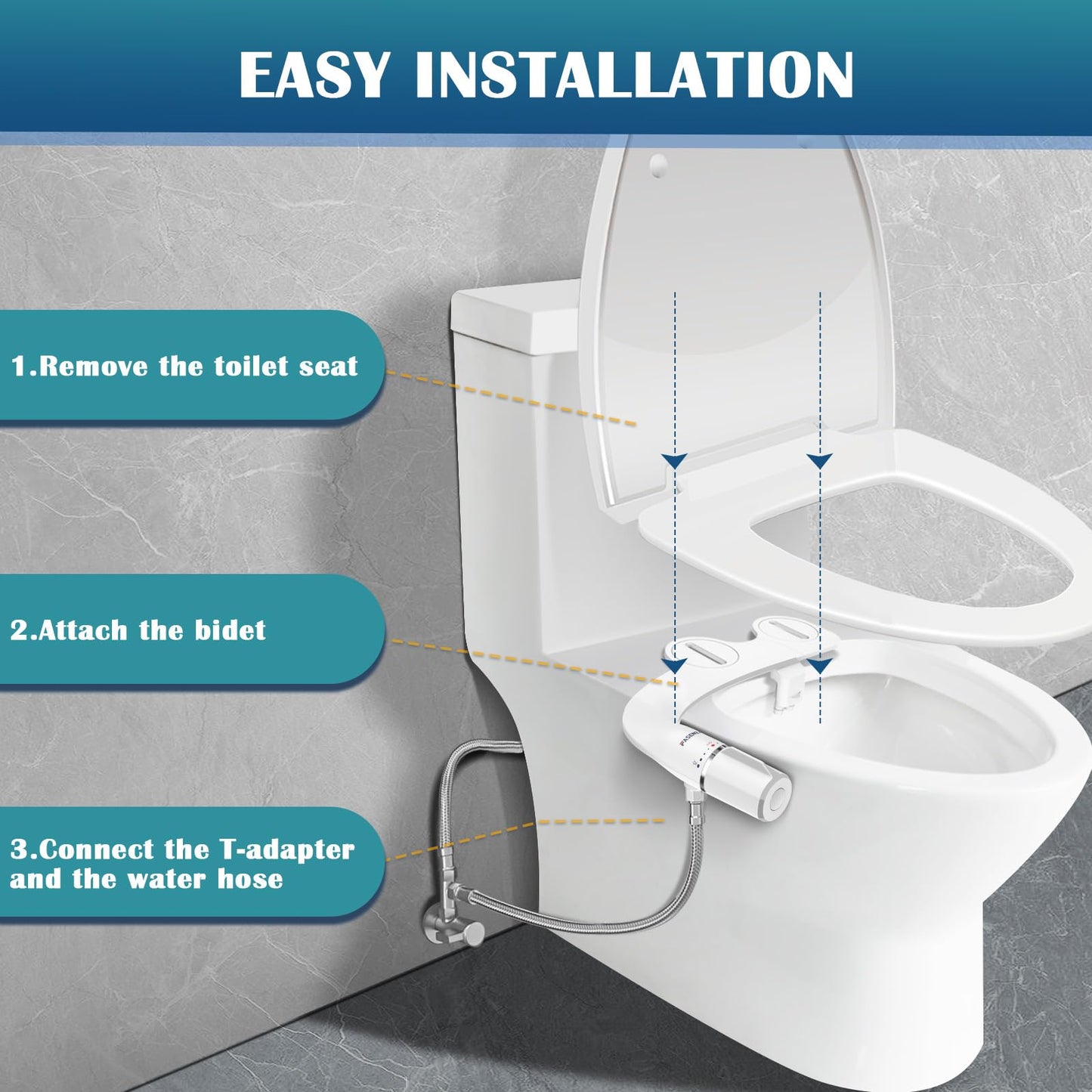 FASENZA Bidet Attachment for Toilet Seat: Adjustable Water Pressure, Ultra-Slim Toilet Water Sprayer with Self-Cleaning Non-Electric Dual Nozzle, Front & Rear Feminine Wash, Cold Water, White, 1 Pack