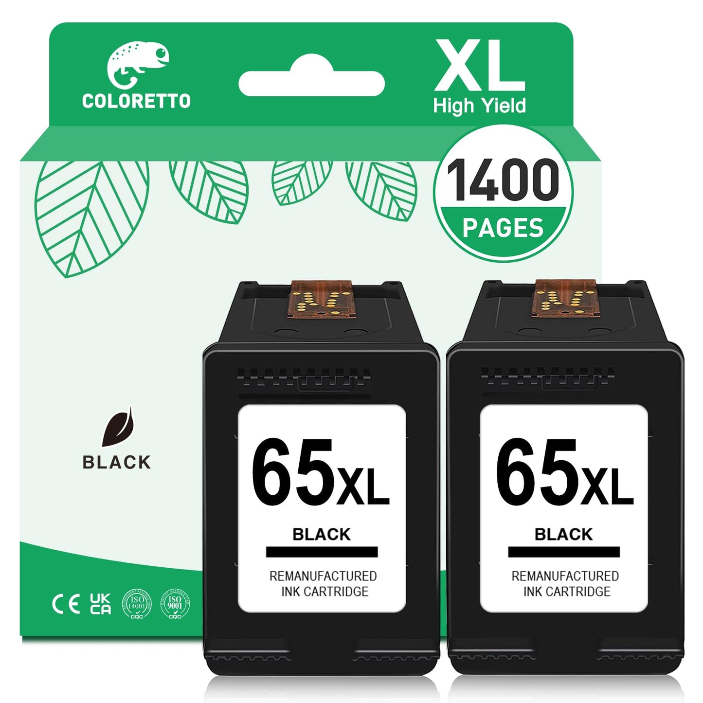 COLORETTO Ink Cartridges 65XL Black for HP Envy 5052 DeskJet 3755 3700 3722 3720 3700 2655 2652 2624 2630 2675 2600 Envy 5055 5010 5000 AMP125 Printer Remanufactured hp 65 XL High-Yield Noir 2-Pack