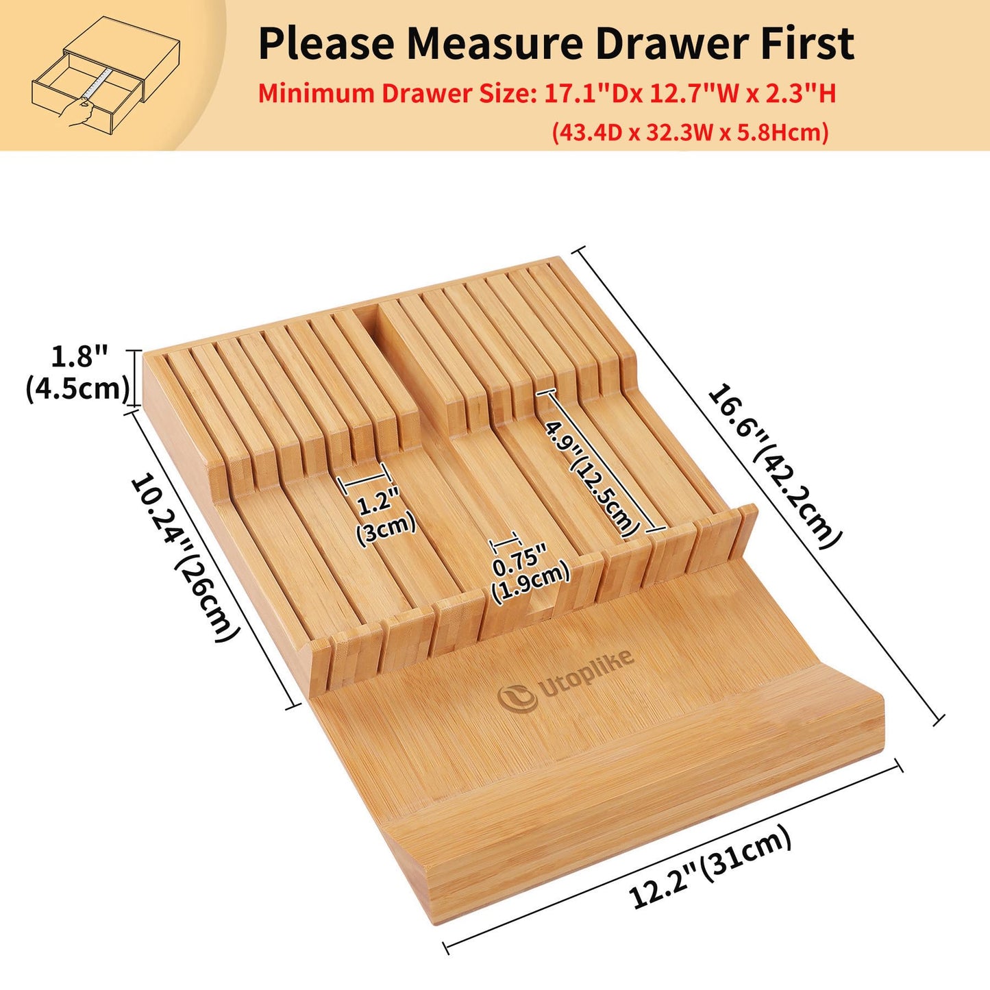 Utoplike in-Drawer Knife Block Bamboo Kitchen Knife Drawer Organizer,Large Handle Steak Knife Holder Without Knives, fit for 16 Knives and 1 Sharpening Steel (16 Knife Organizer)