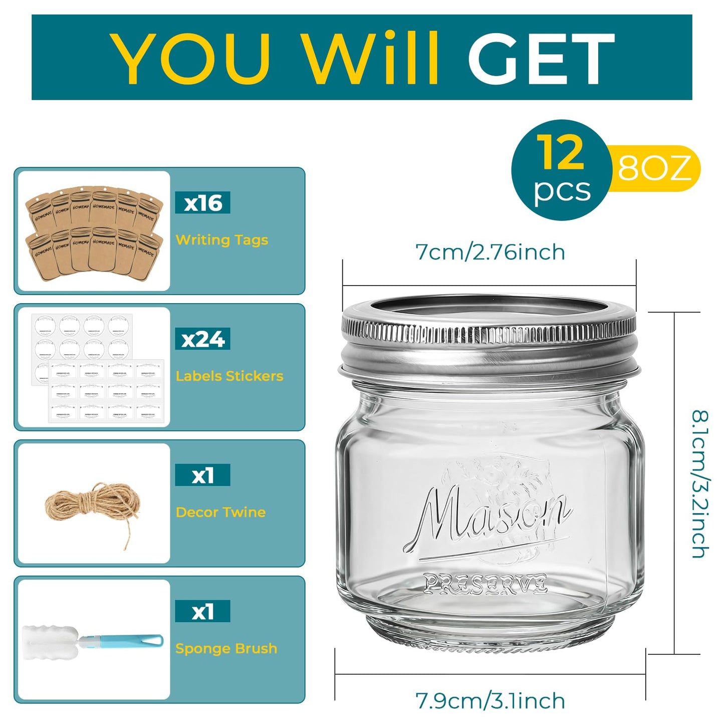 CycleMore 8oz 12 Pack Mason Jars with Silver Metal Lids, Embossed Design Canning Jars, Clear Glass Storage Jars for for Gifts, Jam, Pickling, Crafts, Wedding Favors & Home Decor