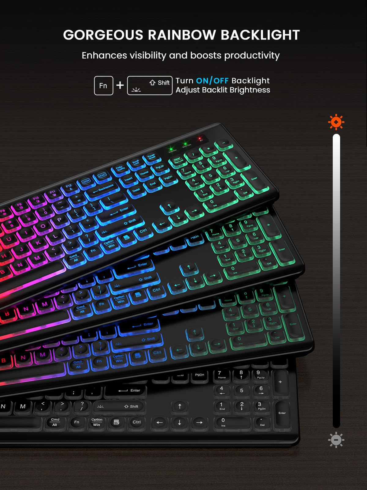 Wireless Keyboard and Mouse Combo - RGB Backlit, Rechargeable, Quiet Typing, Light-Up Keys, Full Size, Ergonomic Tilt, 2.4GHz USB Receiver for Windows, Mac, Laptop, PC, Trueque (Black)