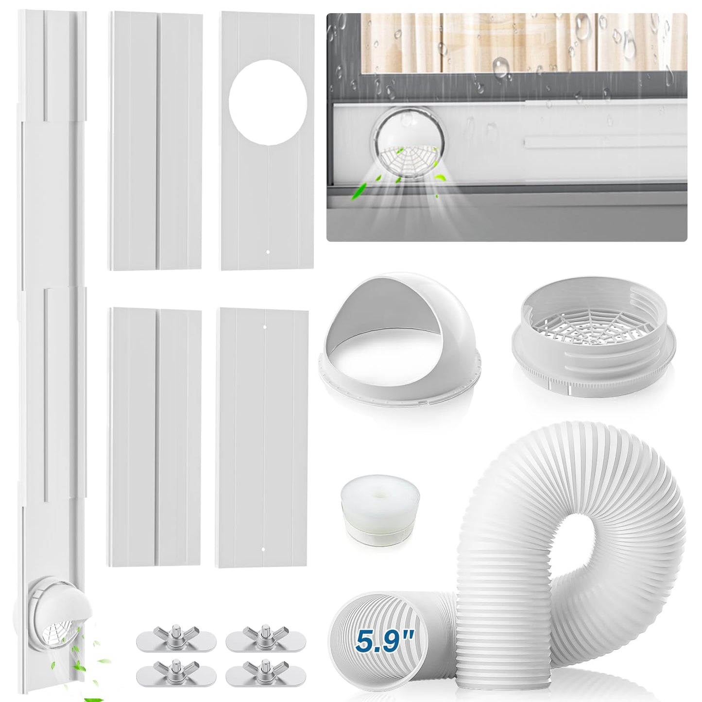 Portable AC Window Vent Kit with 5.9" Exhaust Hose & Coupler, Insputer Universal Adjustable Air Conditioner Window Seal Kit for Sliding Vertical/Horizontal Windows (4 Pcs)