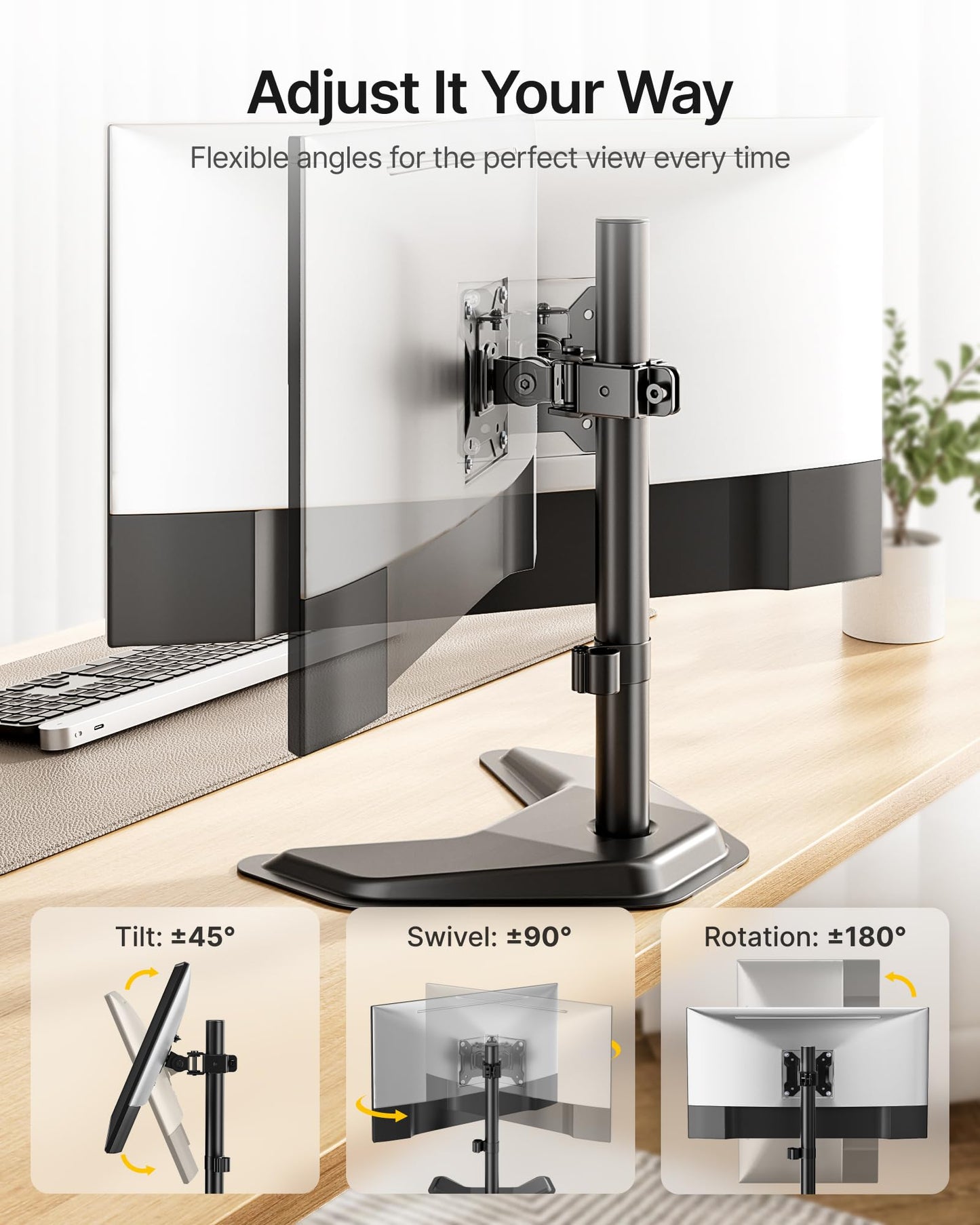 monTEK Stable Single Monitor Stand, Freestanding Monitor Arm for 17 to 32 inch & 22lbs Capacity Screen, Adjustable Height Desk Mount with Swivel and Tilt, VESA 75x75/ 100x100mm