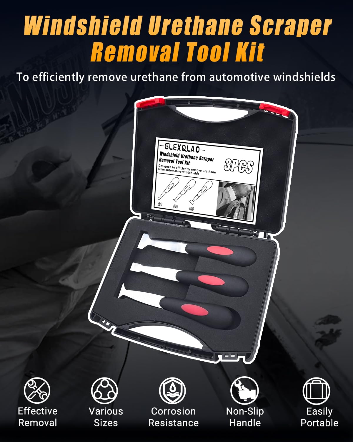 GLEXQLAO Windshield Urethane Scraper Removal Tool Kit for Removing Glass Residues, Auto Glass Urethane Scraper Remover Tool Set with 3 Sizes