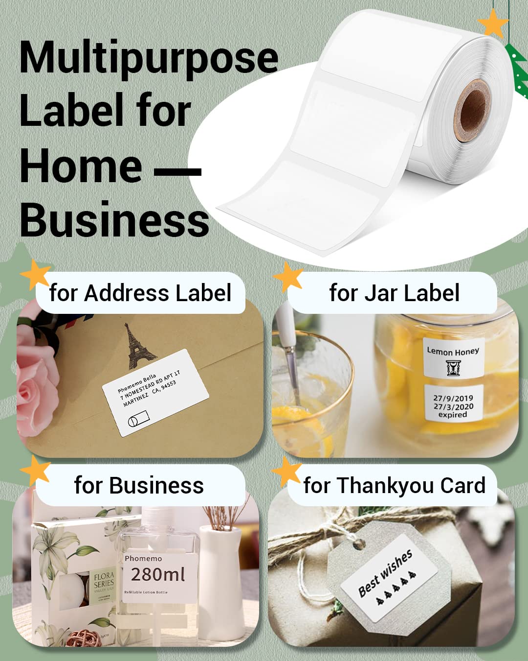 Phomemo Labels- 3 Rolls M110/M100/M220/M221/M150/M250/M108 Thermal Labels 1.57"x1.18"(40x30mm), M110 Label Multipurpose Square Self-Adhesive Paper, Name Labels for Kids, School, 230 Label/Roll