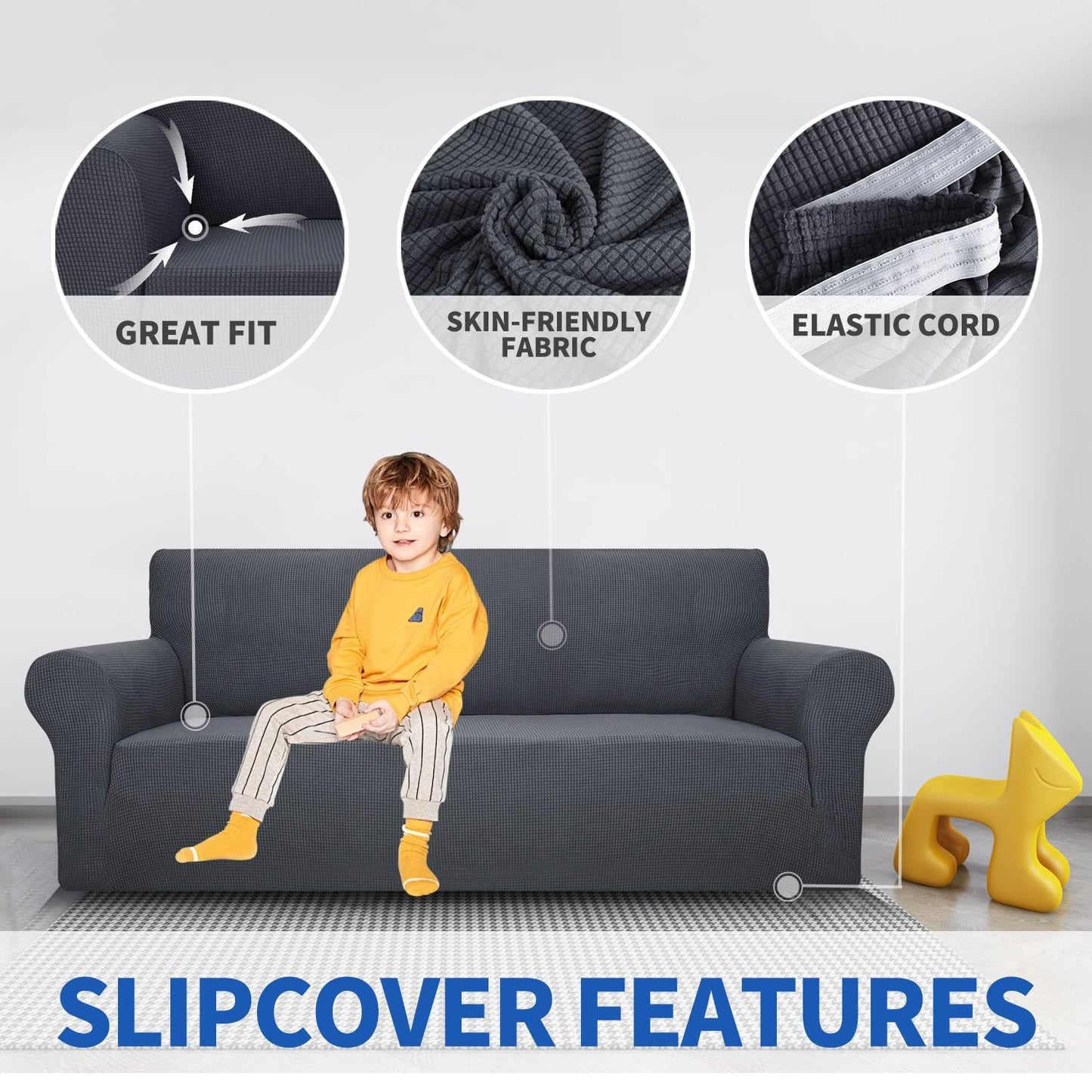 MAXIJIN Super Stretch Couch Cover for 3 Cushion Couch, 1 Piece Universal Sofa Covers Living Room Jacquard Spandex Furniture Protector Dogs Pet Friendly Fitted (Large, Gray)