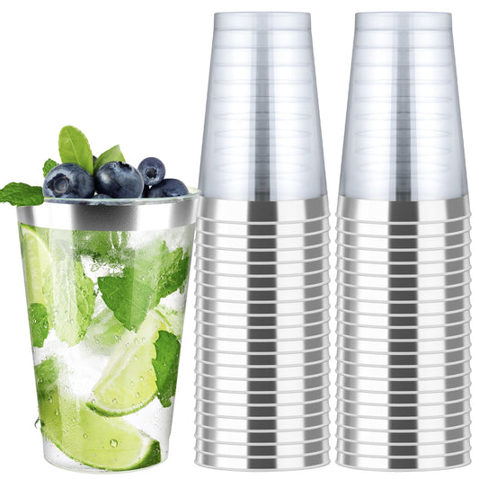 Byvivace [200 Pack 12oz Clear Plastic Cups with Silver Rimmed Sturdy & Food Safe Disposable Wine Glasses Party Cups Wedding Cups Disposable Drinking Cups for Wine, Juice, Cocktails and Cold Beverages