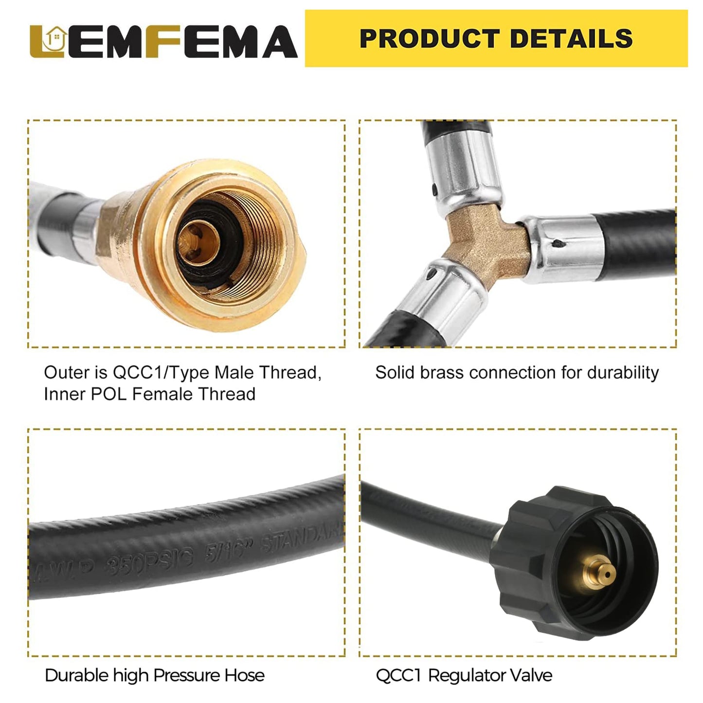Lemfema Universal Y Type Splitter Propane Tank Converter Adapter Hose, Two Way Qcc1/Type1 Inlet & POL/QCC1 Exit Propane Hose to Connect 5-40lb Tank for Grill, Heater, Fire Pit, Fireplaces