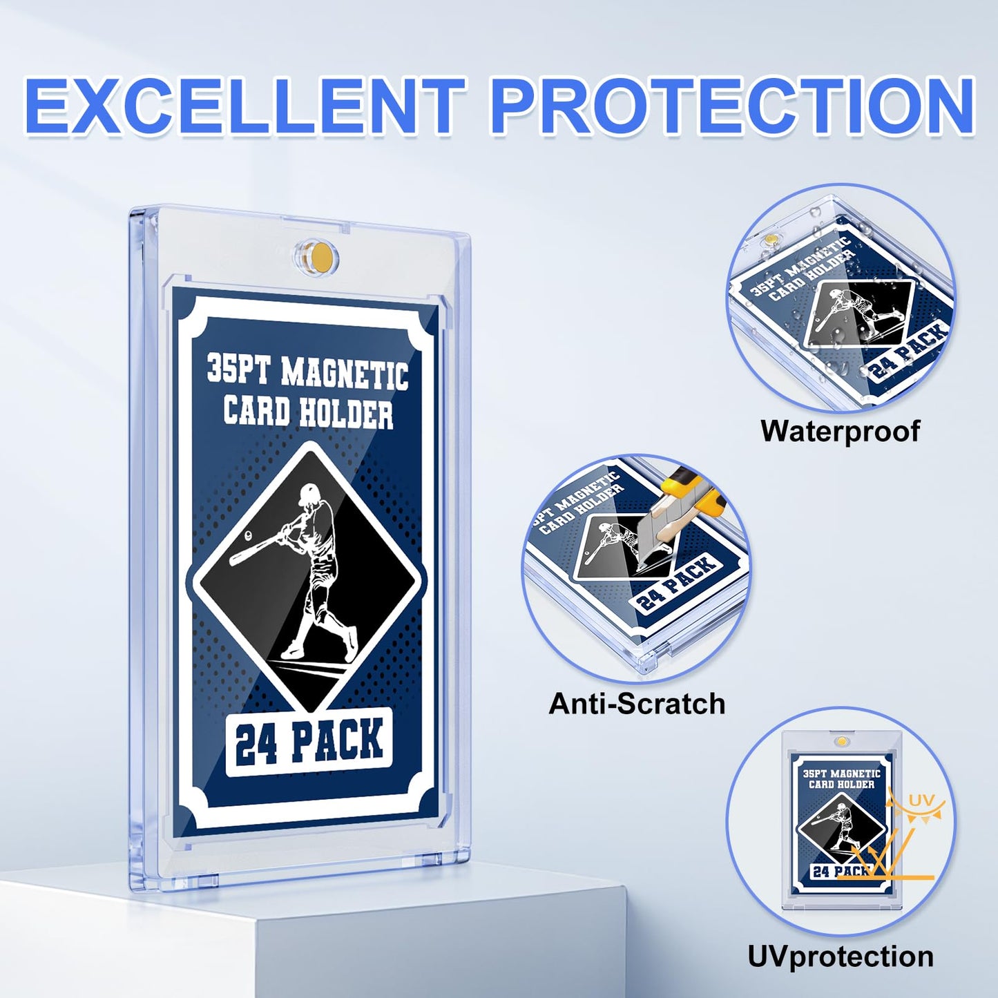 35pt Magnetic Card Holder for Trading Cards, 24 Pack Baseball Cards Protectors Hard Plastic for Collectible Sports Cards Acrylic Display Card Cases Fit 2.5x3.5in