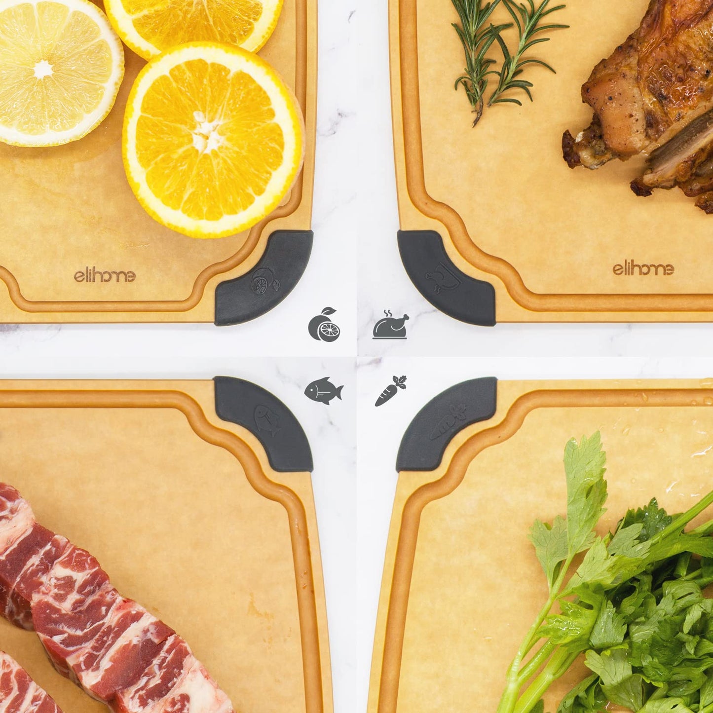 Elihome Essential Series 2-in1 Wood Cutting Board Set for Kitchen, Wooden Board for Chopping Vegetables, Bread, Cheese, Meat, Salad, Bread Board for Countertop, Butcher Block, Non-Slip