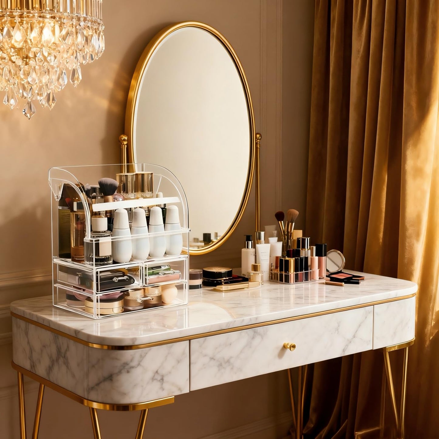 Cosmetic Organizer,Large Acrylic Makeup Storage Organizer Transparent Display Case with Drawers and Closable Lid, Dustproof Waterproof Box for Bathroom Counter Dresser, Lipsticks, Brushes (Clear-L)