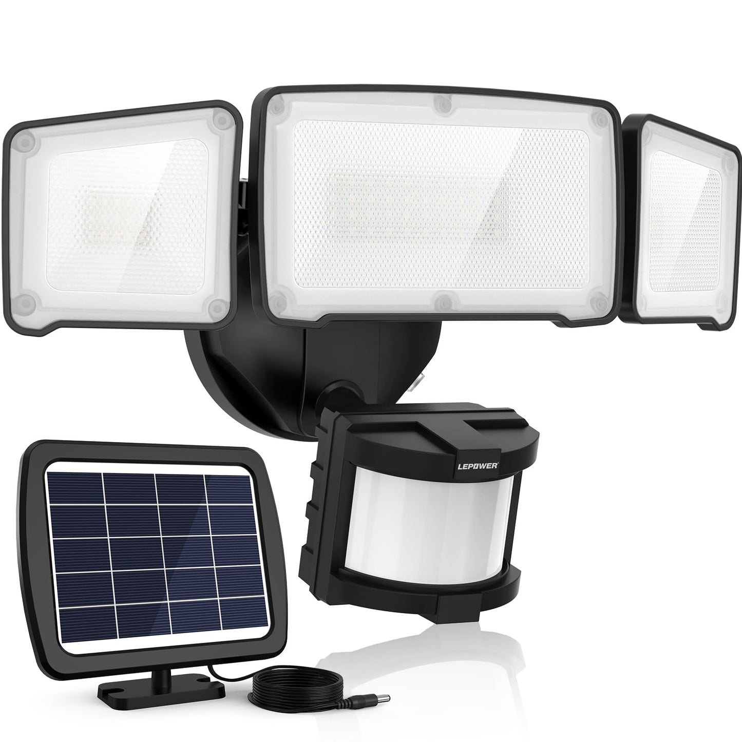 LEPOWER LED Solar Motion Outdoor Security Light, 1600LM Solar Motion Sensor Lights, 5500K White Light IP65 Waterproof Outdoor Flood Solar Light with 3 Adjustable Head for Yard, Garage（Black）