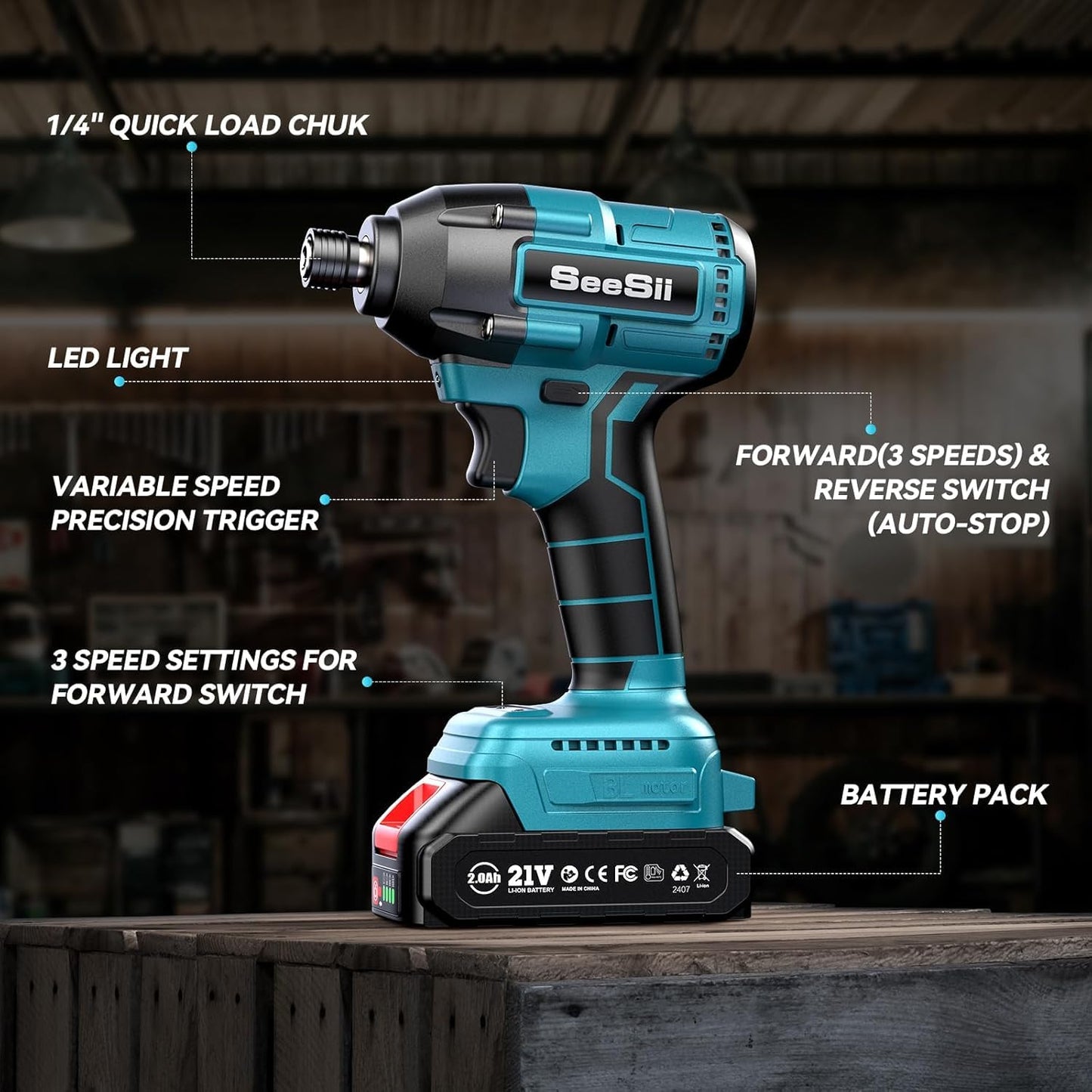 Seesii 21V Impact Driver, Electric Screwdriver with a Maximum Torque of 180N.m,1/4" Cordless Screwdriver with 2 Batteries 2.0Ah,2500RPM Variable Speed,20 Impact Bits & Carry Bag