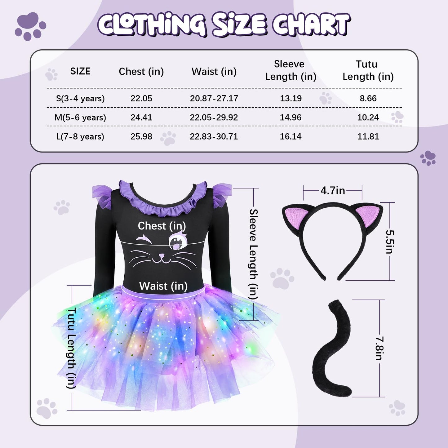 GIFTINBOX Cat Costume for Girls, Light Up Black Cat Costume, Halloween Animal Dress Up Costumes for Kids Age 3-8