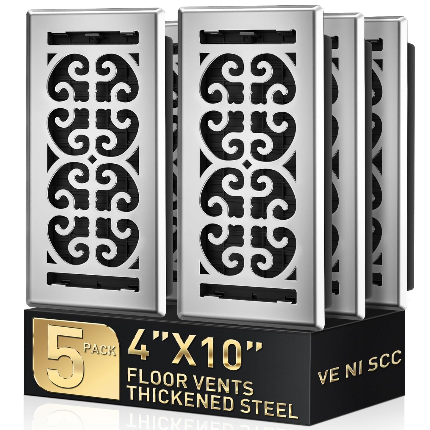Floor Vent Covers 4x10 Inch - Heavy Duty Walkable Air Vent Cover for Home Floor & Wall - Decorative 2MM Thicker Metal Floor Register with Easy Adjust Airflow Switch - Satin Nickel HVAC Vents - 5 Pack