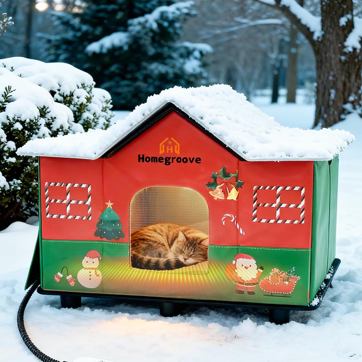 Homegroove Christmas Heated Cat House for Outside - 25 x 17 x 18 inches Festive Weatherproof & Insulated Outdoor Shelter with Heating Pad, Skylight for Stray & Feral Cats