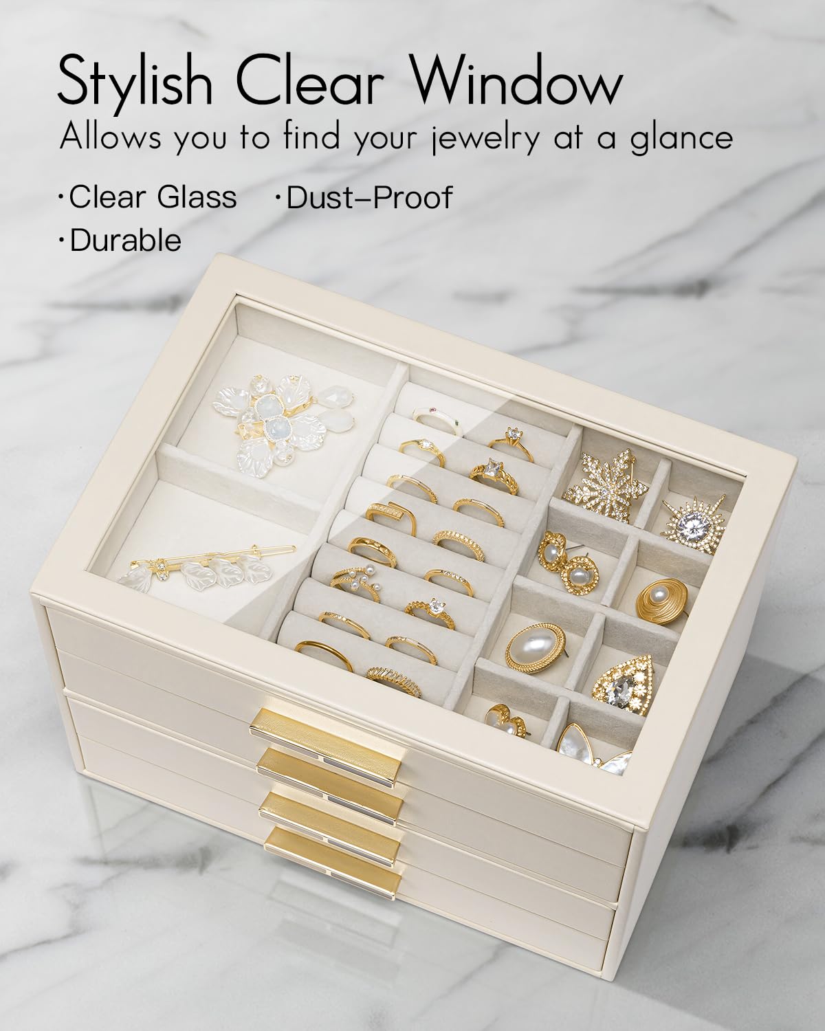 Vlando Jewelry Box with Glass Lid,Jewelry Organizer with 4 Drawers,4-Layer Jewelry Box for Women Girls,Gift for Loved Ones,Beige