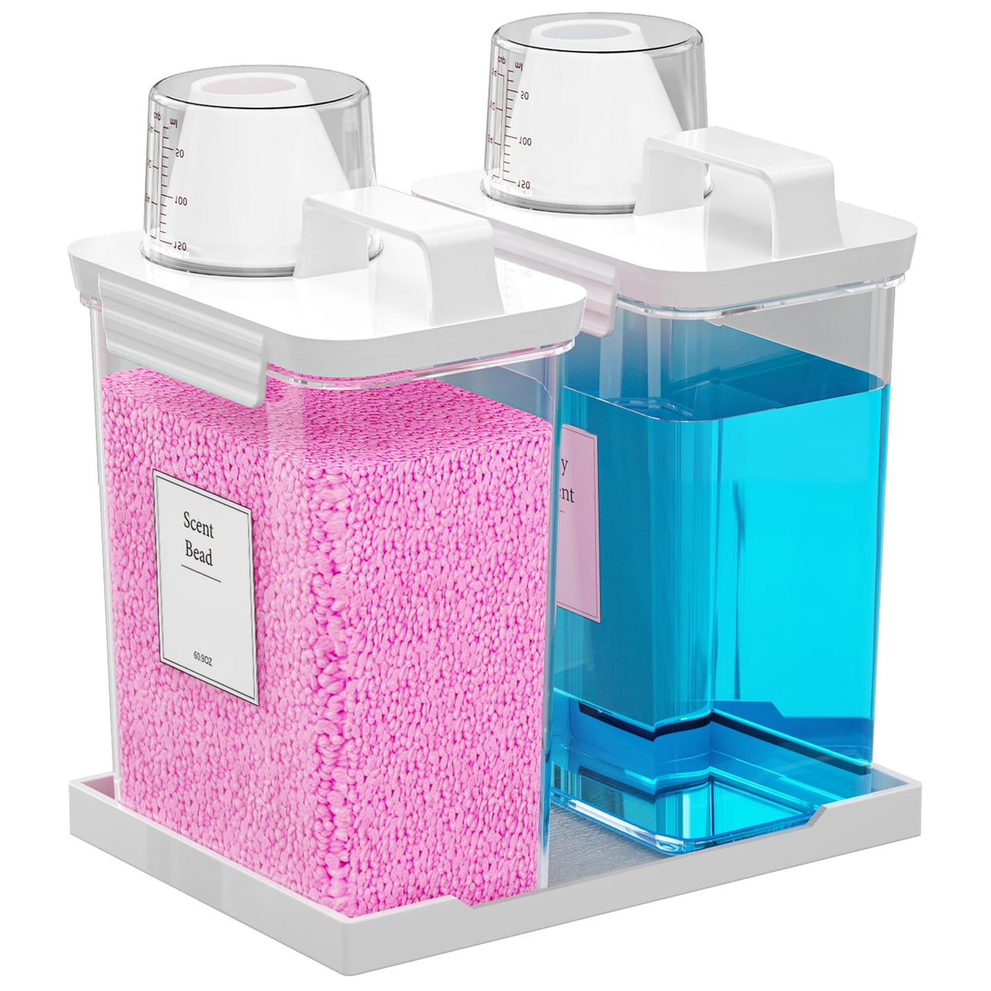 Hordely 61OZ Laundry Detergent Dispenser Container, 2 Pack Liquid Laundry Dispenser, Plastic Detergent Dispensers for Laundry Powder/Fabric Softener with Tray 6 Labels, Clear