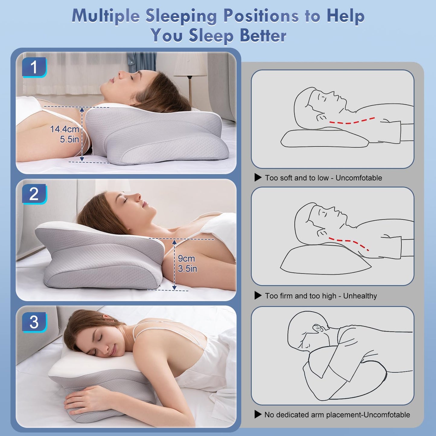 Scozkc Cervical Neck Pillow for Sleeping - Memory Foam Contour Pillow for Neck Pain Relief, Orthopedic Pillow with Breathable Ice Silk Cover, Ergonomic Support for Side and Back Sleepers（White）