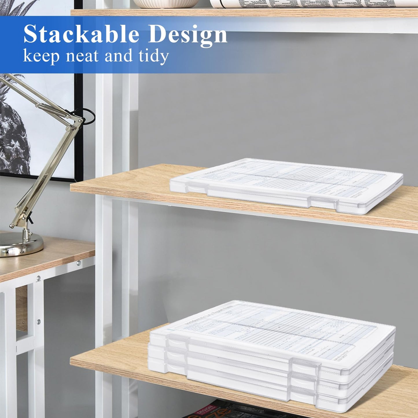 Akamino 4 Pack Clear A4 File Plastic Boxes, Portable Project Case Document Magazines Storage Organizer with Hinged Lids, Paper Protector for Letter Scrapbook Office School Supplies,2 Pcs Label Sticker