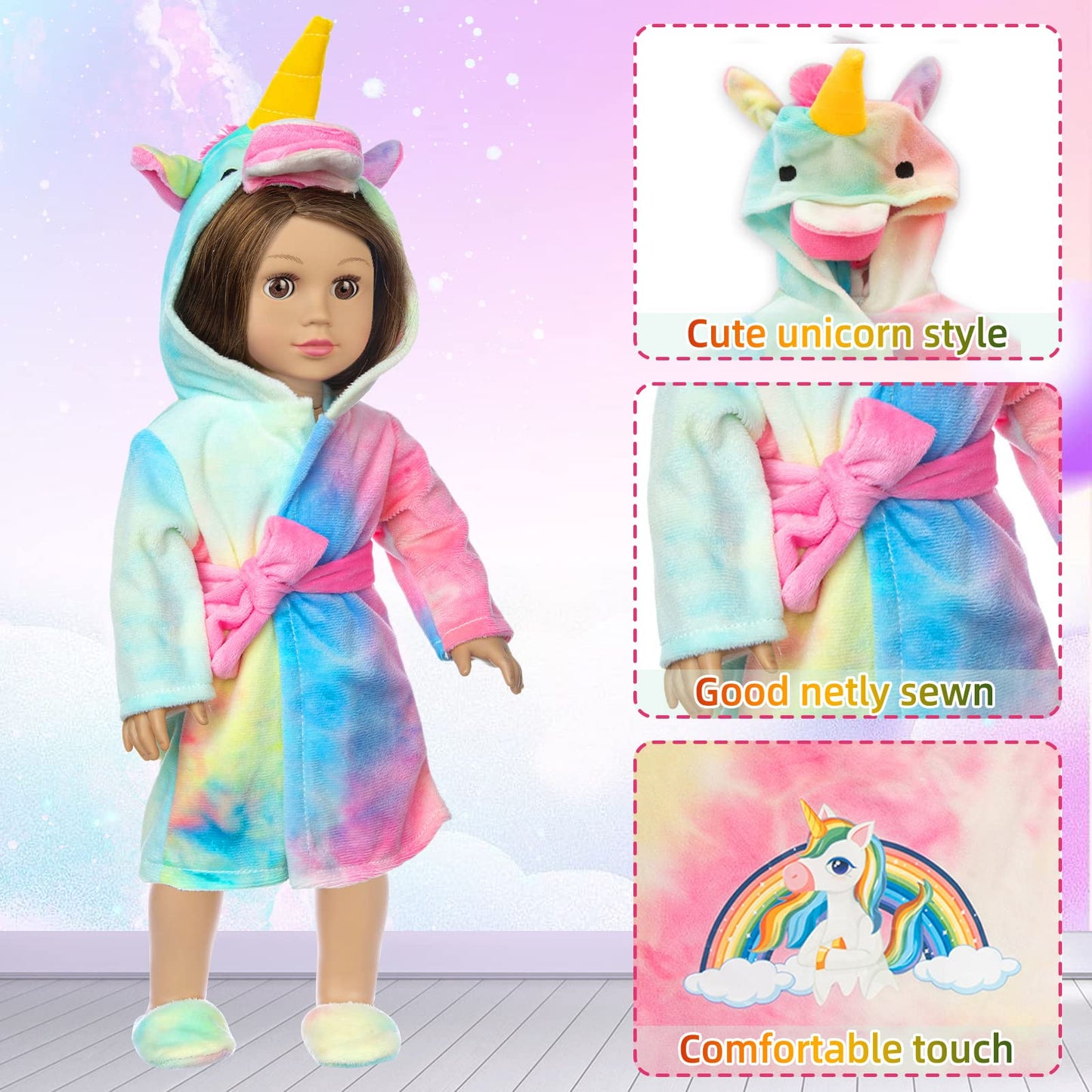 XFEYUE American 18 inch Doll Clothes and Doll Sleeping Bag Set - Rainbow Unicorn Doll Costume with Unicorn Style Sleeping Bag, Pillow, Eye Mask Slumber Party Accessories Fits 18 Inch Doll (No Doll)