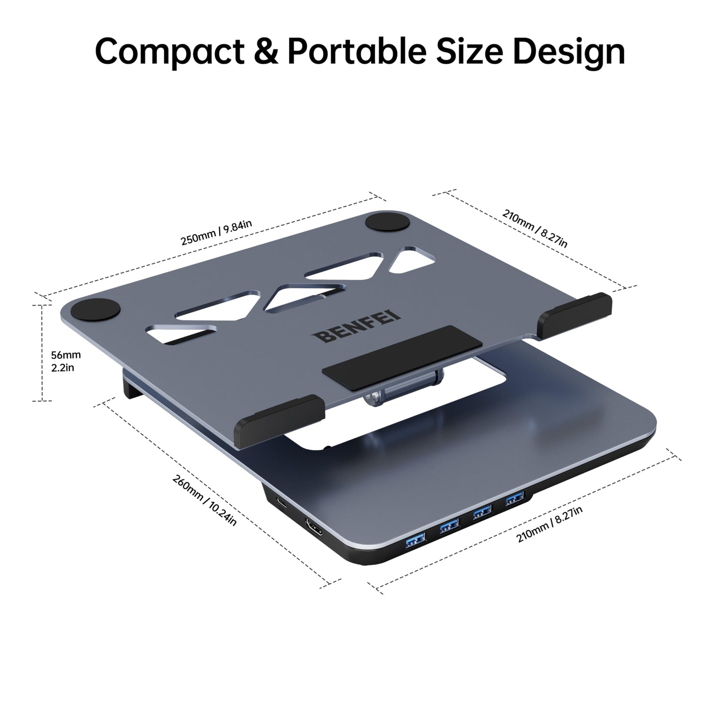 BENFEI Laptop Stand with USB C 6in1 Docking Station, HDMI 4K@60Hz, 4*USB3.0, 100W PD Compatible with MacBook Pro/Air, iPad Pro, XPS, Thinkpad