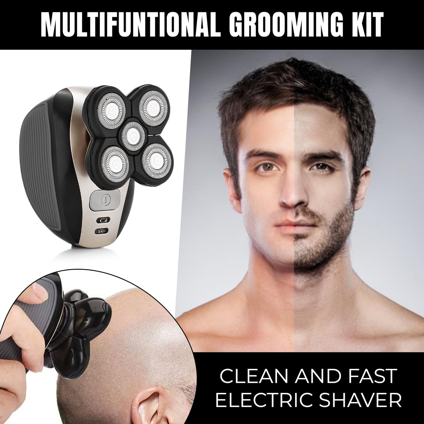 Electric Shaver Bald Head Shaver Head Shavers for Bald Men Electic Razor for Men Waterproof Cordless Trimmer for Nose Ear Face Body Wet Dry Men's Rotary Shavers for Head Shaving Machine 5 in 1 4D