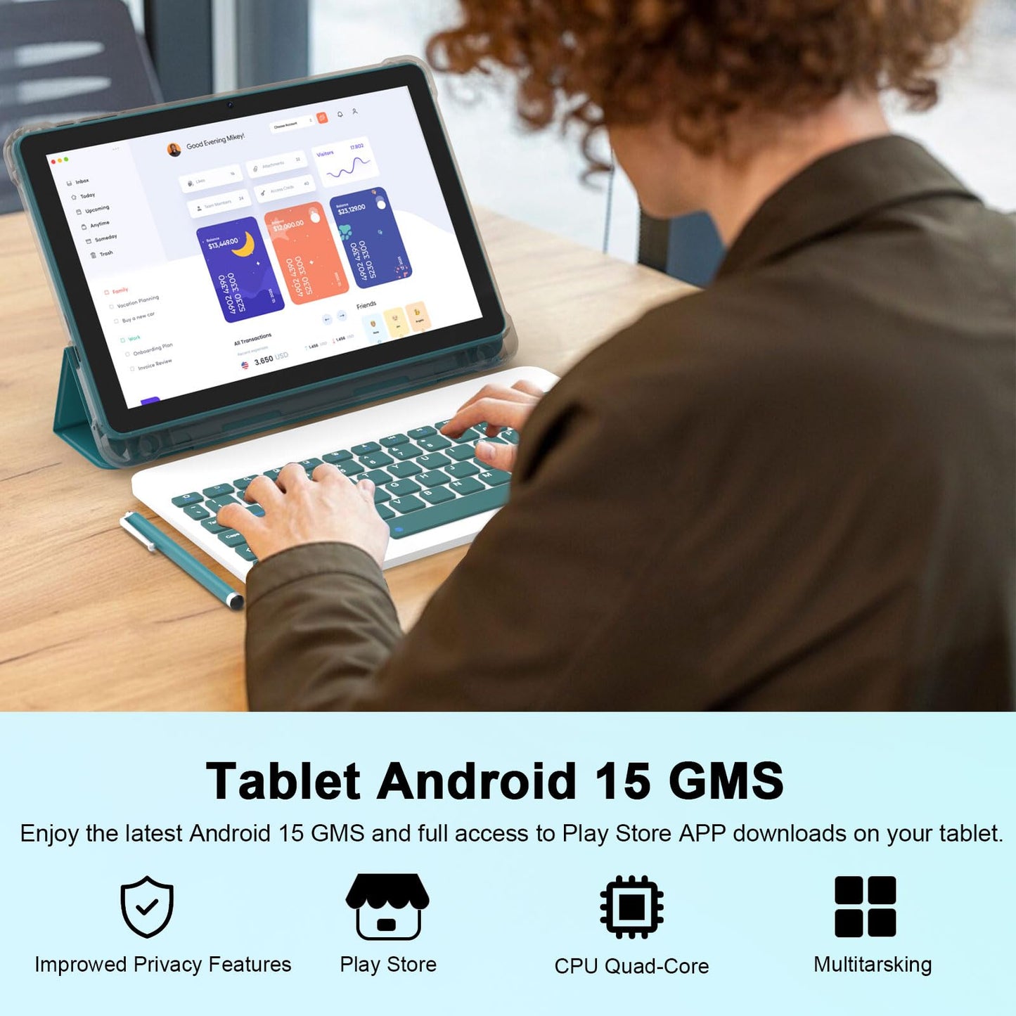 Android 15 Tablet, 10 Inch 18GB RAM+128GB ROM/2TB Expandable Tablets PC, 2 in 1 Tablets with Keyboard, Mouse, Case, Stylus, Quad-core 2.0GHz CPU 1280*800 HD Screen, 5G WiFi6 BT 5.0, 8MP Camera Tableta