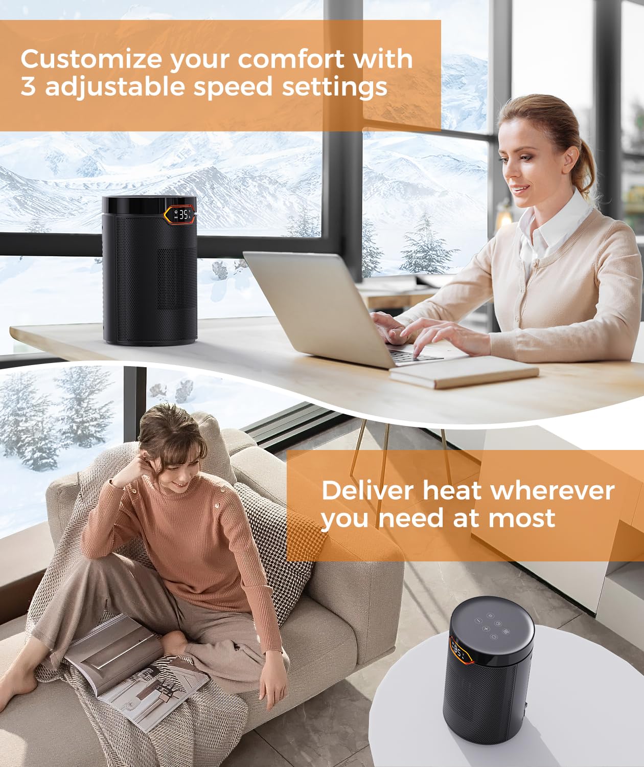 BREEZOME Space Heaters for Indoor Use, 1500W PTC Electric Heater for Bedroom, Portable Heater with Thermostat, 3 Modes & 24H Timer, Quiet Ceramic Desk Heater, Safety Room Heater for Home Office