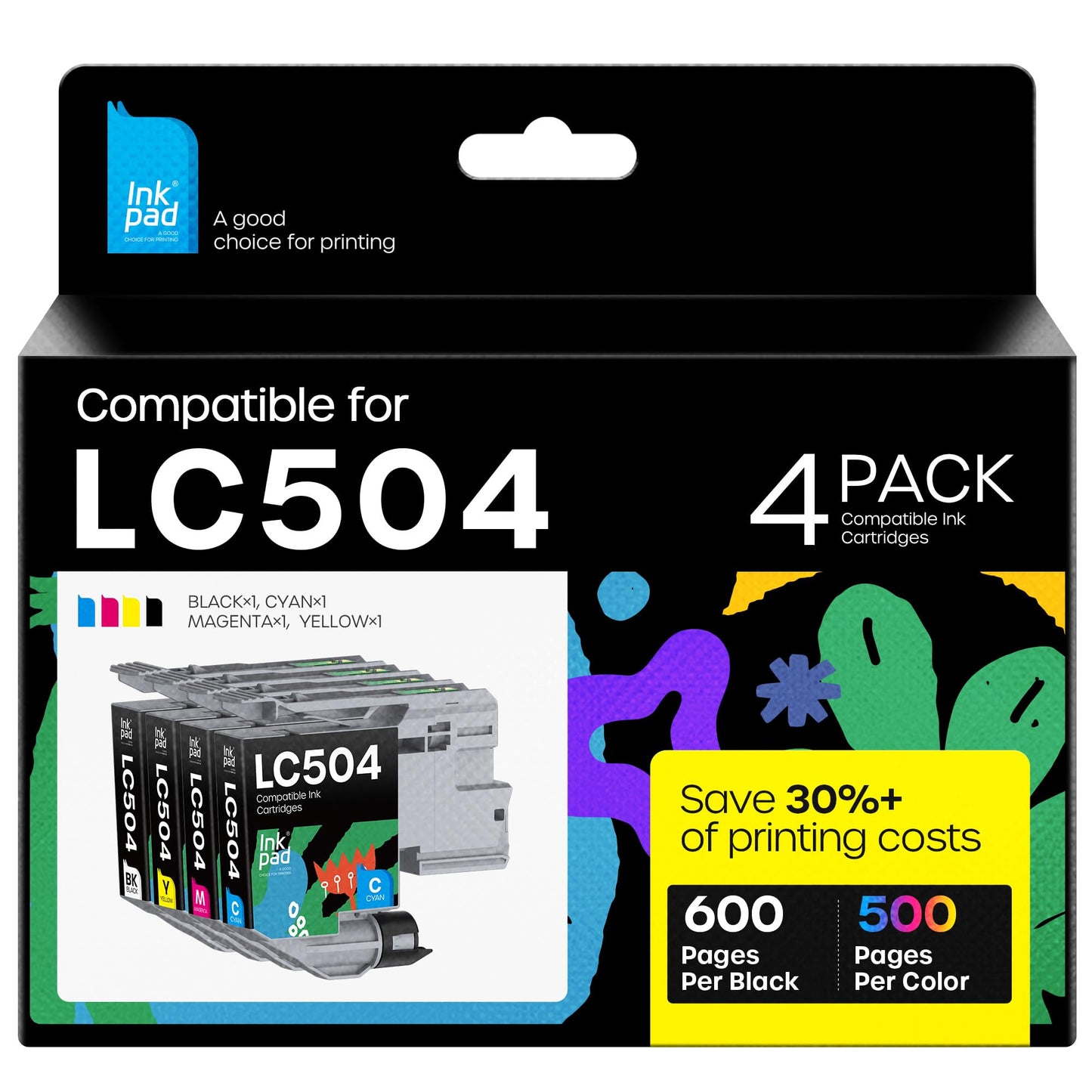 LC504 Ink Cartridges Compatible for Brother Printer LC 504 Ink Cartridges Work for MFC-J1365DW MFC-J1355DW MFC-J1367DW (Black Cyan Magenta Yellow, 4PK)