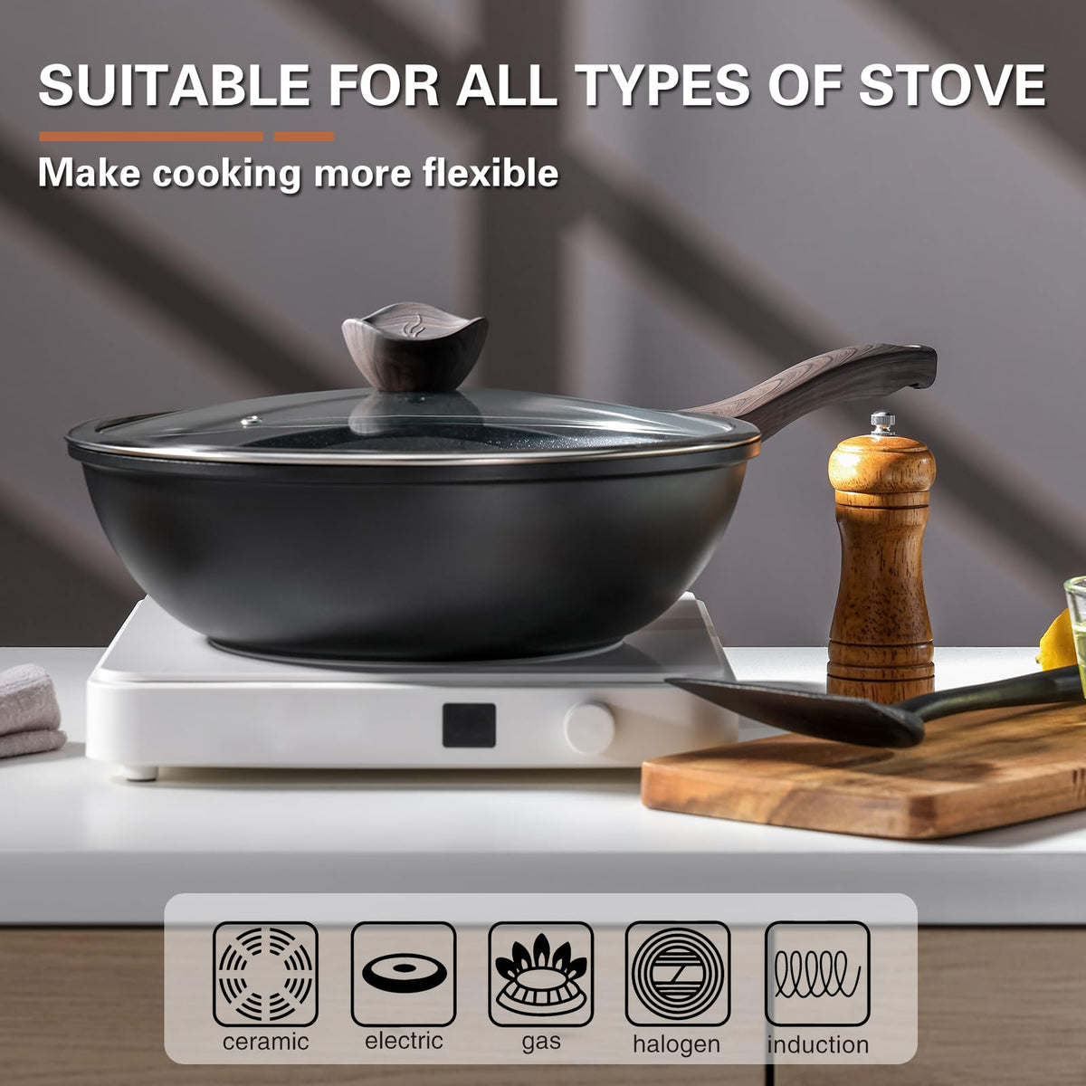Kordisen Wok 30 cm, Induction Wok with Lid, Non-stick Stone Coating, Suitable for All Frying Pans, PFOA Free