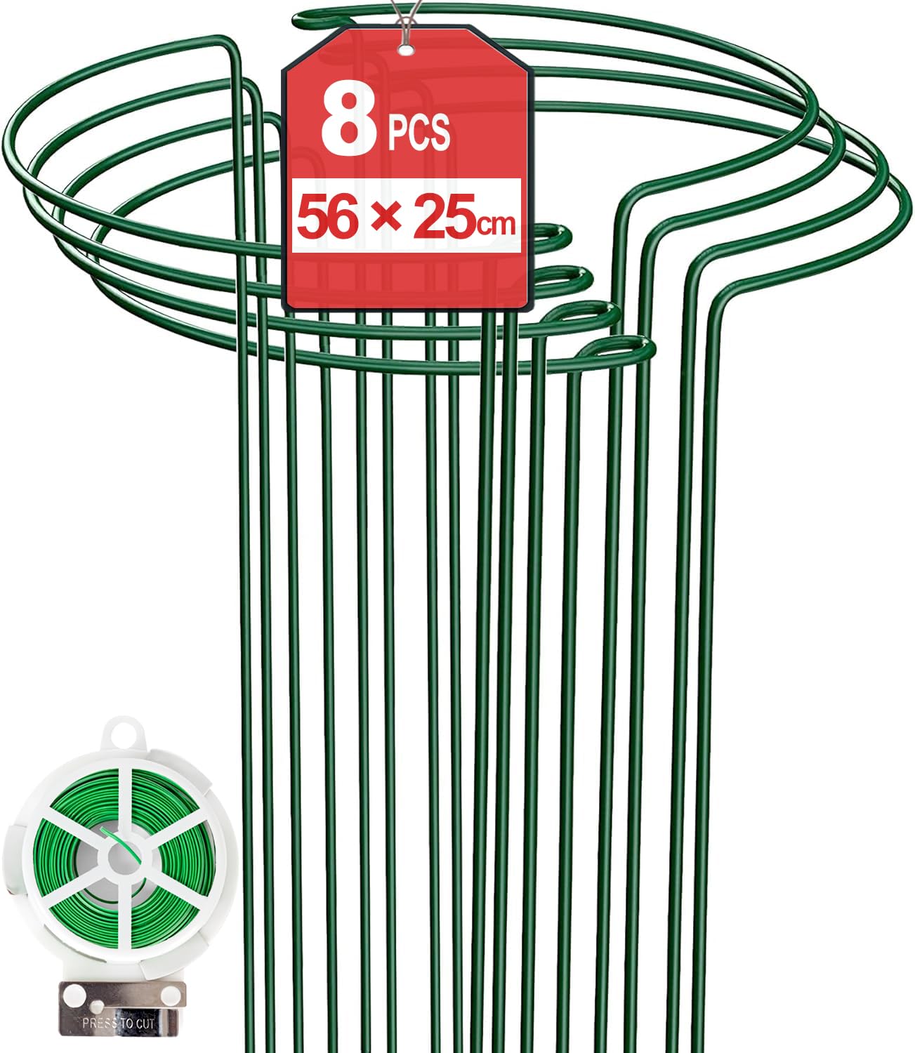 8Pack 56×25cm Plant Support Stakes With 50m Plant Ties, Metal Garden Plant Stakes, Half Round Indoor Outdoor Support Ring Cage for Peonies Monstera Hydrangeas Roses Vegetables Tomatoes Tulips Lavender