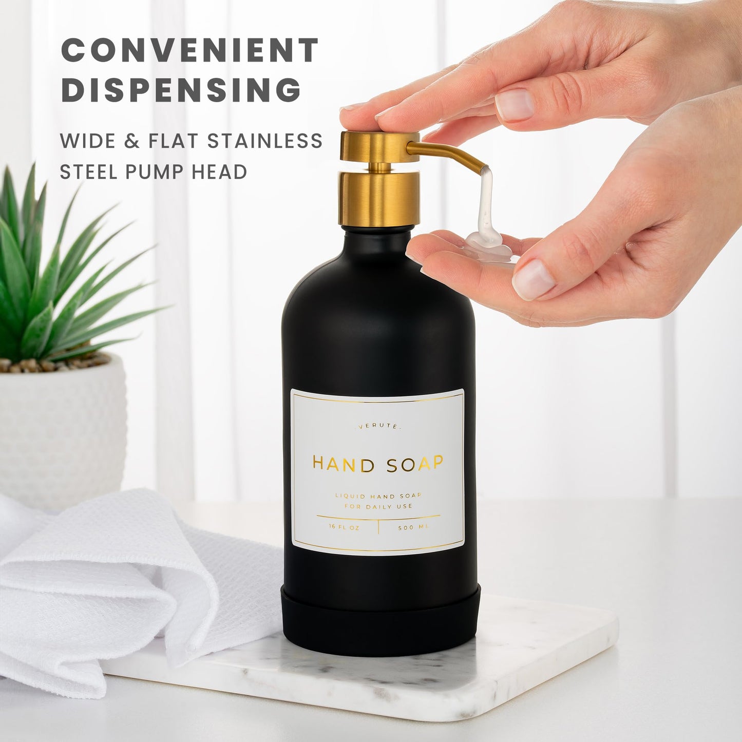 Verute 500ml Glass Soap Dispenser with Stainless Steel Pump, 21 Waterproof Labels, Non-Slip Protective Silicone Pad, Set of 2 for Bathroom & Kitchen (Matte Black Bottle/Brushed Gold Pump)