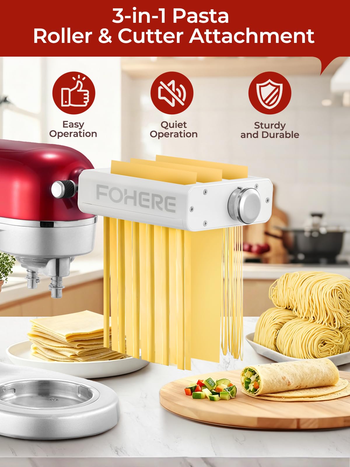 3 in 1 Pasta Maker for KitchenAid, Pasta Attachment Includes Pasta Sheet Roller, Spaghetti Cutter, Fettuccine Cutter, 7 Gears Adjustable Pasta Maker Accessories Pasta Roller & Cutter Set