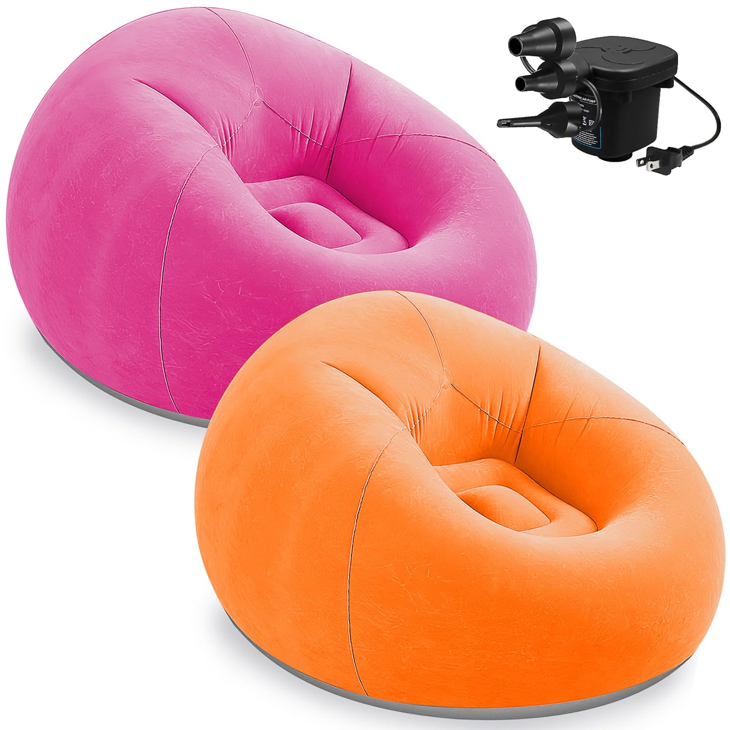 2 Pcs Bean Bag Chairs for Adults,Inflatable Chairs Lazy Sofa Lounger with Electric Air Pump,Folding Portable Blow up Couch for Outdoor Home Bedroom Living Room Camping (Rose red, Orange,4Ft)