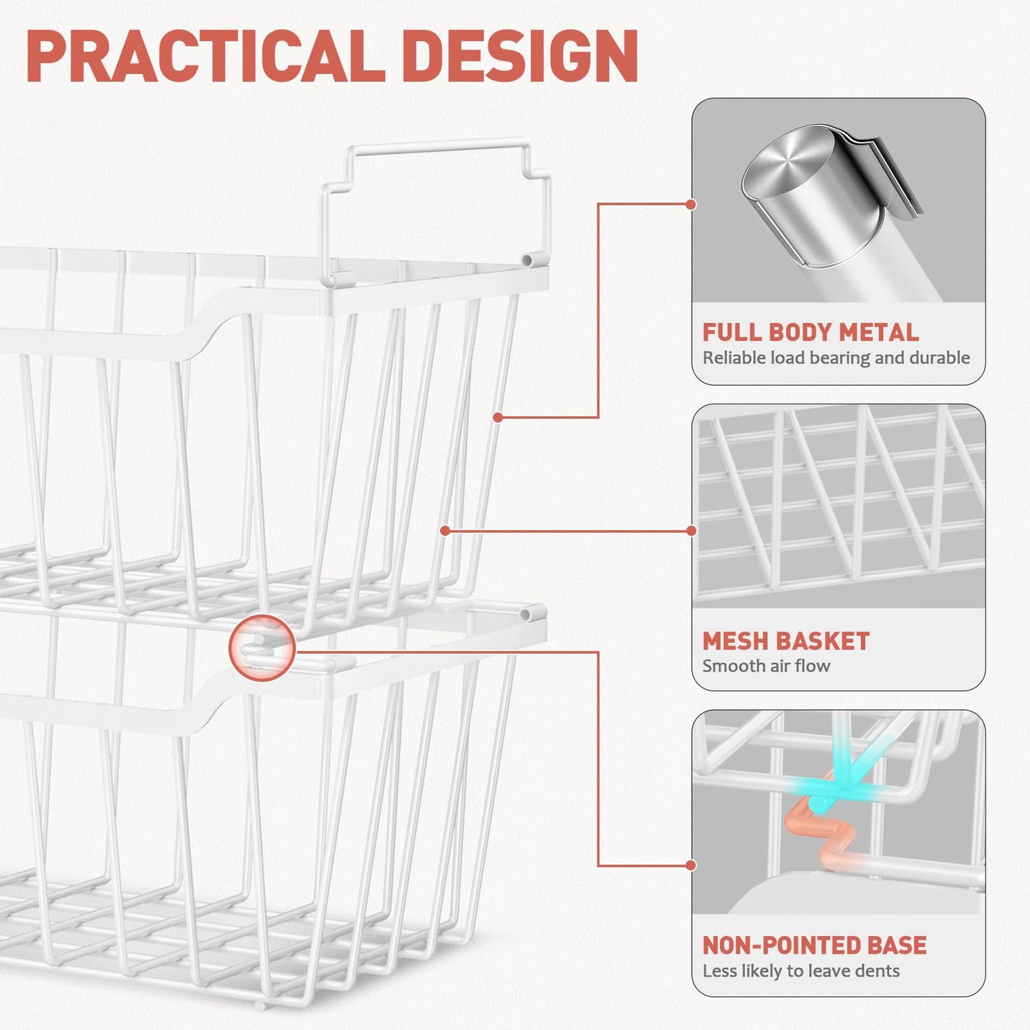 Goovilla Freezer Organizer Bins with Foldable Handle, 8 Pack Stackable Freezer Baskets for 3.5-7 Cu.FT Deep Chest Freezer Organization, White Metal Freezer Storage Bins with Better Space Utilization