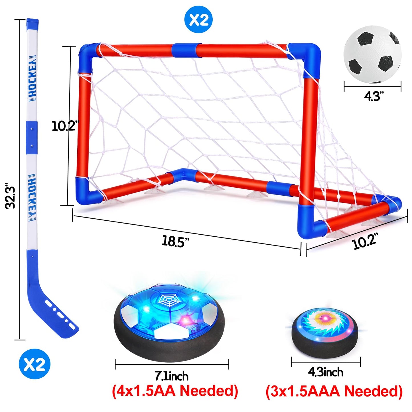 3 in 1 Hover Soccer Ball Toddler Hockey Set with LED Lights Indoor Toys for Kids Soccer Gift for Boys 6-8 8-12 Kids Sports Soccer Games 3 4 5 6 7 8 9 10 Year Old Boy Gift Ideas Birthday Gift