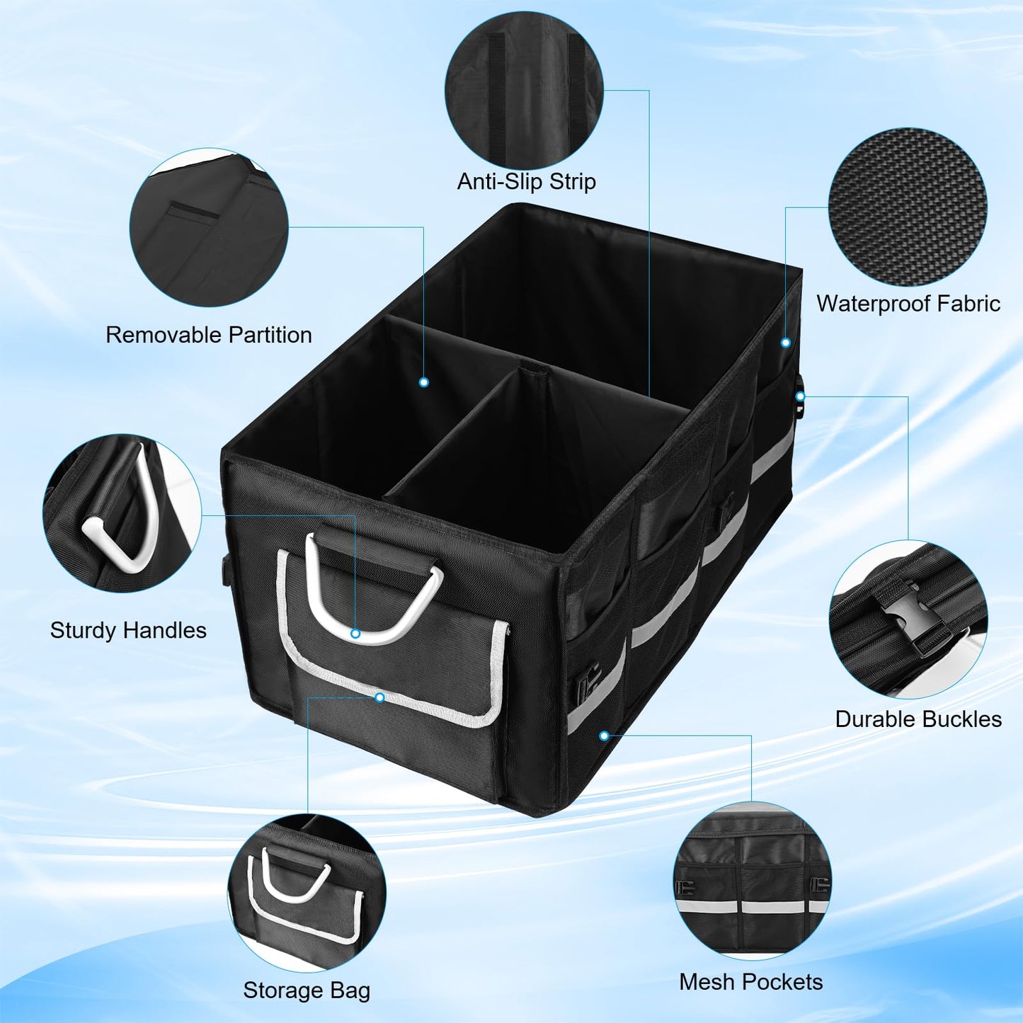 Car Trunk Organizer for SUV, ONATISMAGIN Collapsible Multi Compartments Trunk Storage Organizer, Waterproof Car Storage Organizer with Foldable Lid, Aluminium Handle, Non Slip Bottom (Black)