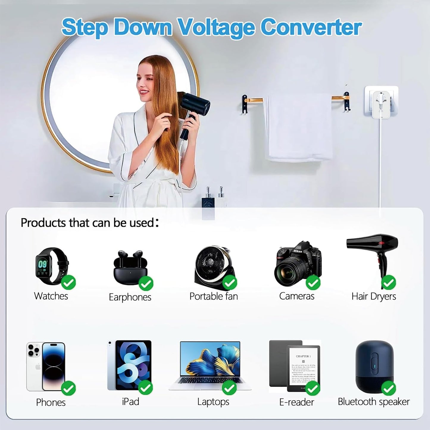 220V to 110V Converter Voltage Converter US to Europe Voltage Converter for Hair Dryer with 2 USB A and 2 USB C, European Travel Adapter Power Converter Adapter Combo from US to Italy UK AUS