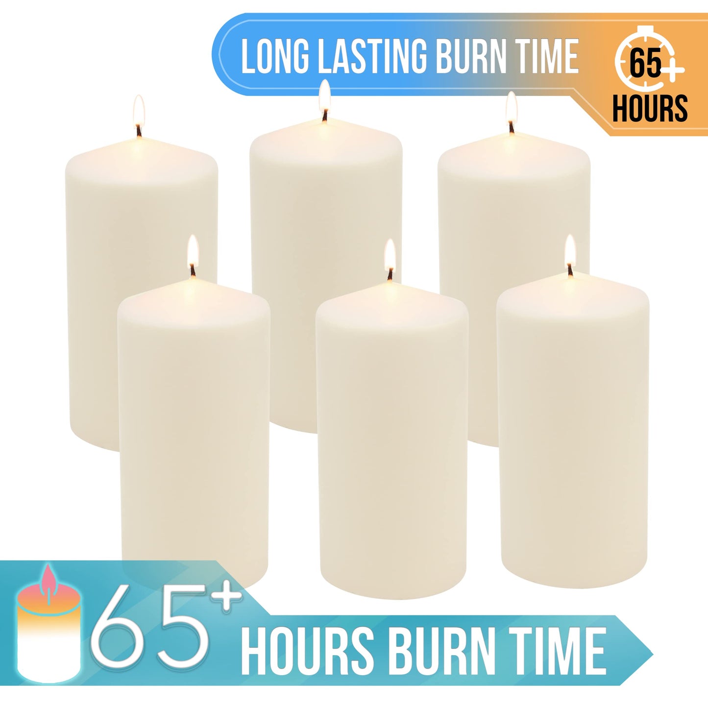 Stonebriar 6 Count Tall 3 x 6 Inch 65 Hour Long Burning Unscented Ivory Wax Pillar Candles, 65 Hour Burn Time