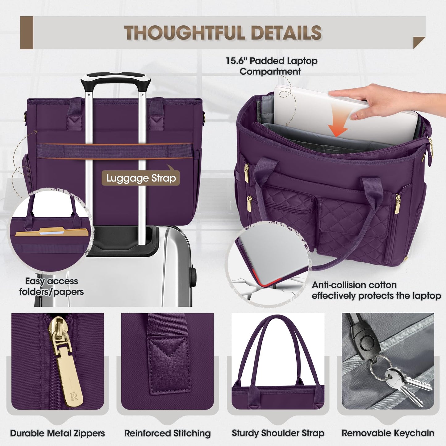 RAINSMORE Teacher Tote Bag with Insulated Lunch Compartment 15.6 inch Laptop Bag for Women Large Work Bags Nurse Bags Professional Briefcase Computer Handbag for Office, College, Nursing, Dark Purple