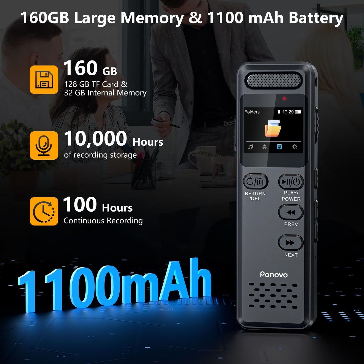 160GB Digital Voice Recorder with Playback, 1100mAh Mini Audio Recording Device for Lecture Interviews, 1536Kbps Voice Activated Recorder with Noise Reduction, Password, External Microphone