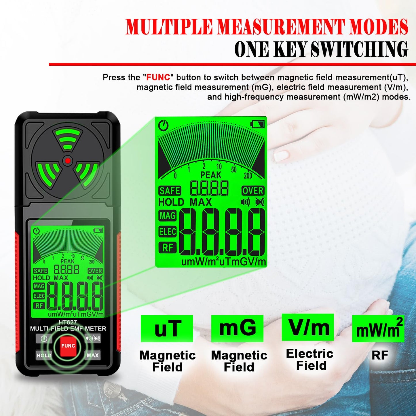 EMF Meter, 3-in-1 Portable Electromagnetic Field Radiation Detector Handheld EMF Tester for EF, RF, MF, WiFi Signal, Radio Frequency Detector Suitable for Home Office EMF Inspections Ghost Hunting