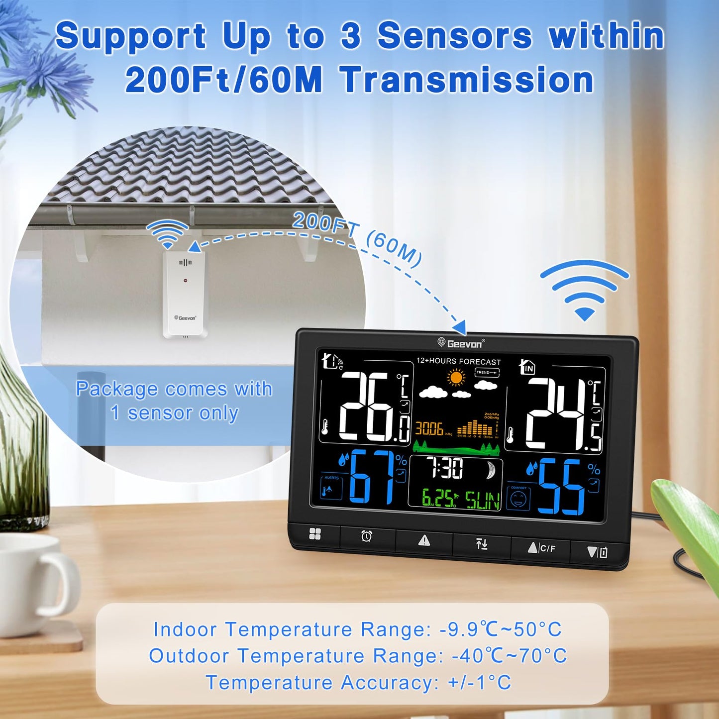 Geevon Weather Stations Wireless Indoor Outdoor Thermometer, Color VA Display Digital Temperature Humidity Monitor with Barometer, Time, Calendar, and Adjustable Backlight