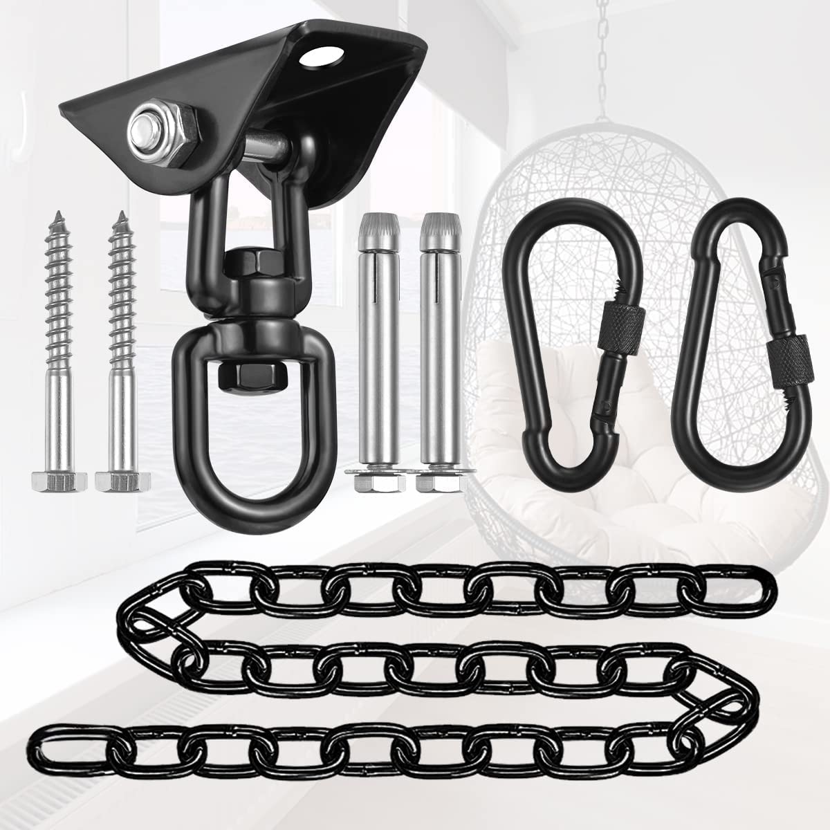 Hammock Hanging Kit with Swing Chain, 1100lbs Capacity Hanging Hooks Heavy Duty 360° Swivel for Yoga,Tree, Chair, Indoor & Outdoor Gym（Includes a 39.37" Chain）