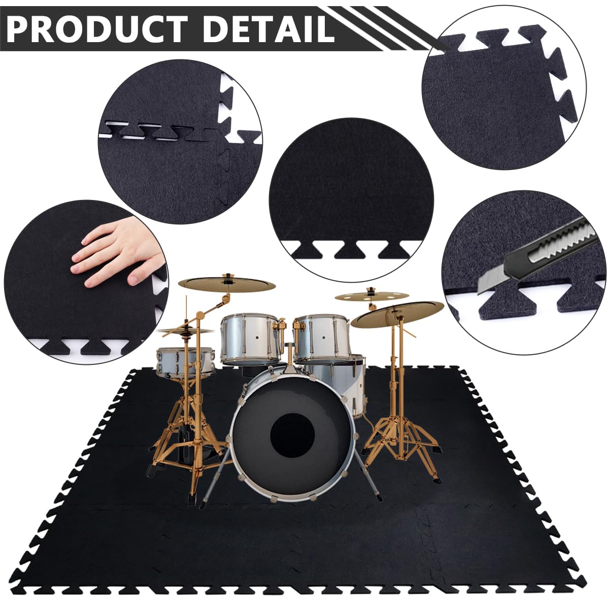 16 Pcs Thick Sound Absorbing Interlocking Floor Mats, 11.8 x 11.8 x 0.4 inches High Density Piano Carpet Drum Rug, Non-Slip Anti Vibration Soundproof Pads Acoustic Blankets for Music Studio, Black