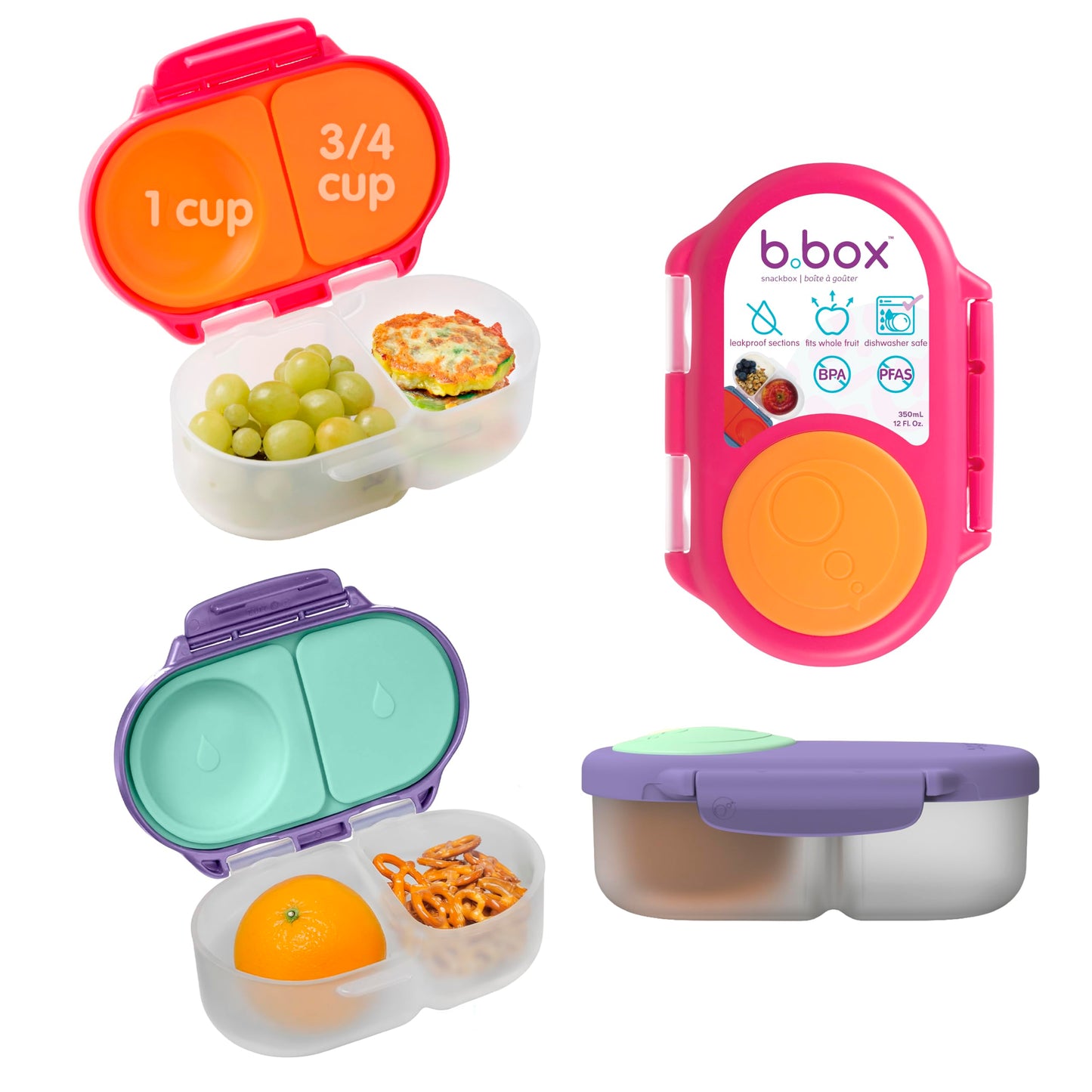 b.box Snack Box (2-Pack) for Kids & Toddlers: 2 Compartment Snack Containers, Mini Bento Lunch Box. Leak Proof, BPA Free, Dishwasher Safe. Ages 4 Months+ (Strawberry Shake + Lilac pop, 12oz Capacity)