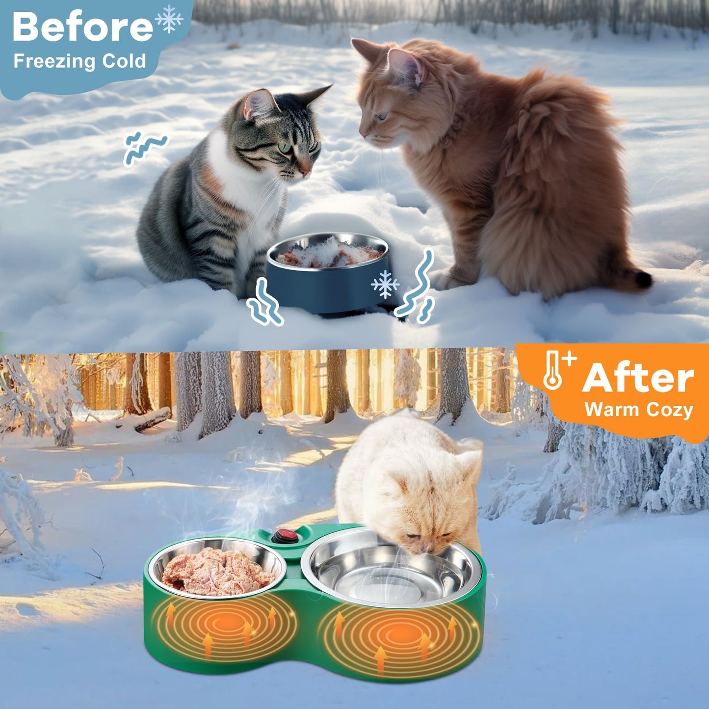 Heated Cat Bowl - KOKOPRO for Outdoor Heated Pet Bowl Stainless Steel Heated Water Bowls Food Warmer, Double Heated Pet Bowl for Feral Cat Feeding Station Provide Non Freezing Food and Water in Winter