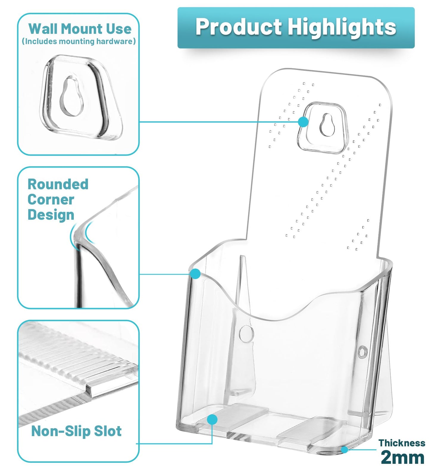 Brochure Holder Stand, 6 Pack 4 inches Acrylic Pamphlet Display Stand Wall Mount/Countertop, Clear Plastic Trifold Rack Card Holder for Organizer Flyer, Leaflets, Document, Literature