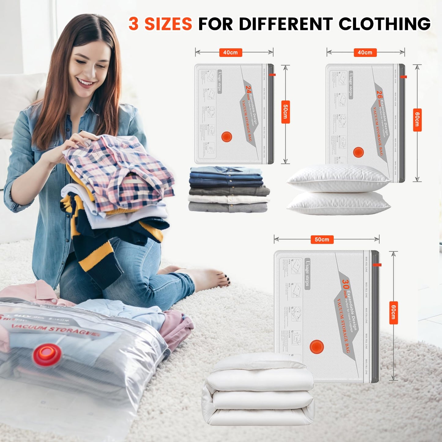 Travel Vacuum Bags with Rechargeable Air Pump,12 Pack Reusable Space Saver Bags – Compression Packing Bags for Suitcase, LuggageBlankets, Clothing,Comforters and Pillows